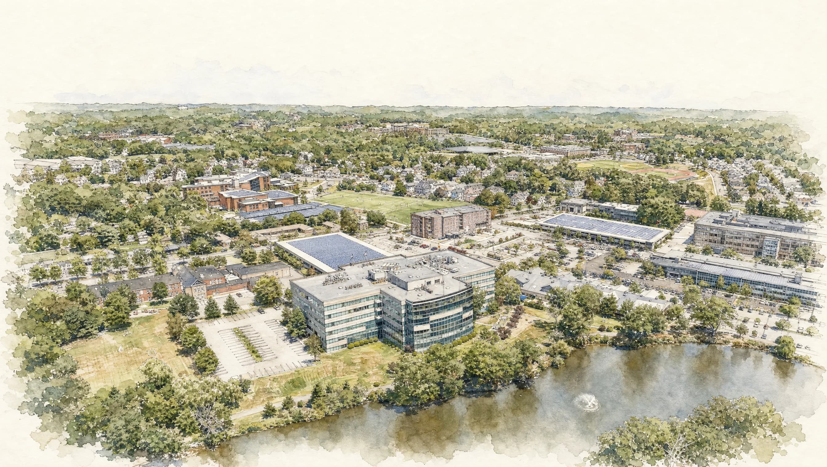 Watercolor aerial of the Cummings Center campus in Beverly