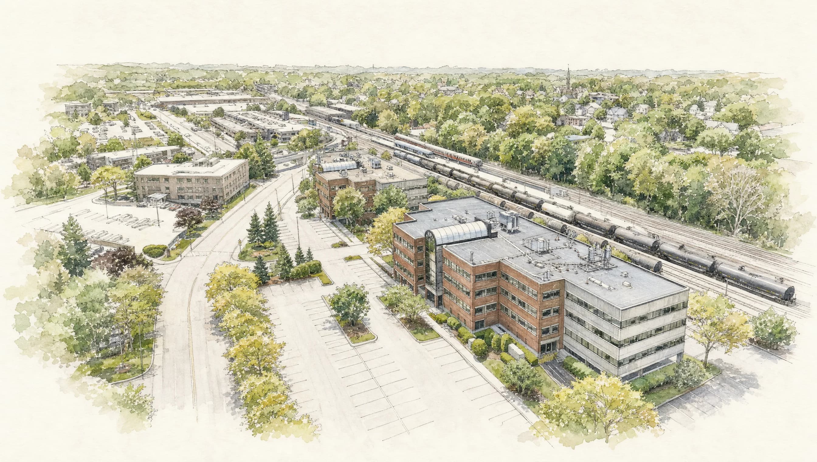 Watercolor aerial of Workspace Braintree at 150 Grossman Drive beside the commuter-rail yard