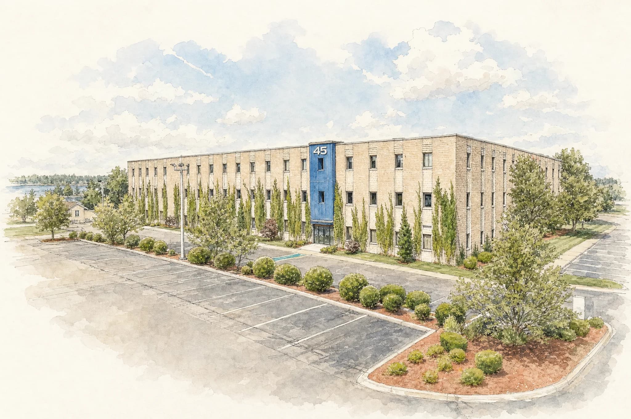 Watercolor of the 45 Dan Road building in Canton