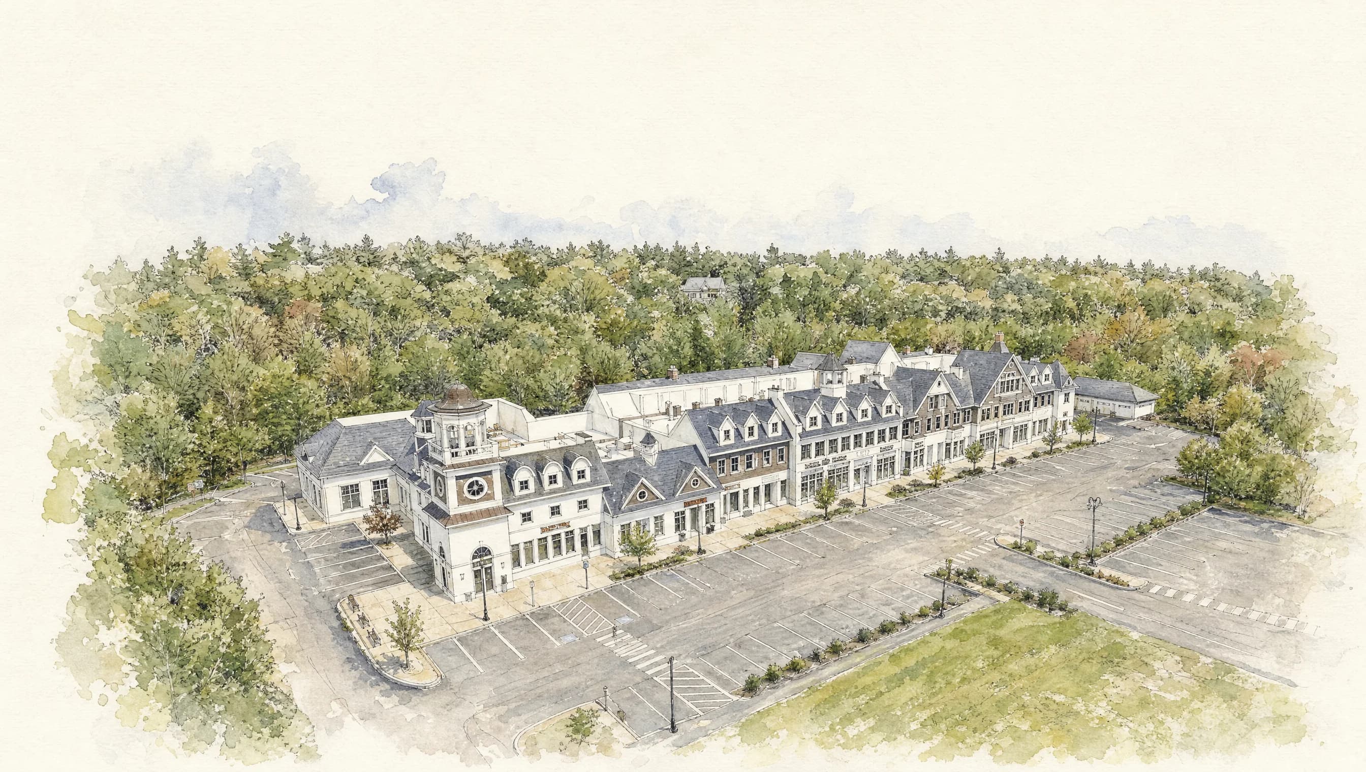 Watercolor aerial of the Workspace Cohasset building and clock tower on Route 3A
