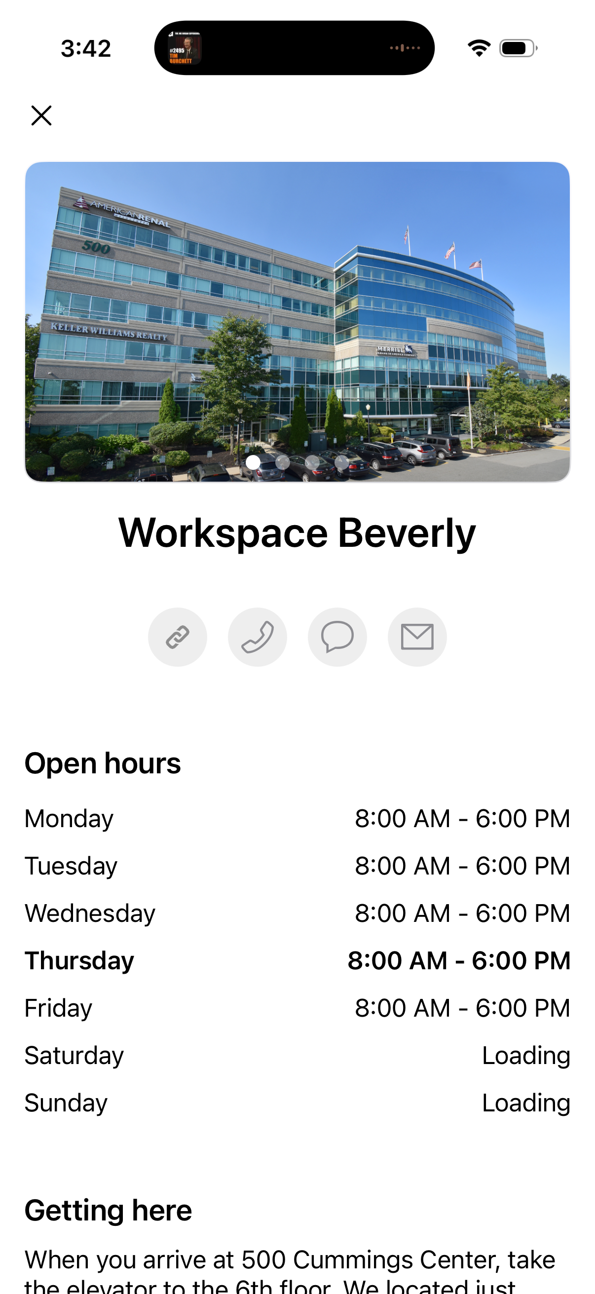 Workspace app — Beverly location detail screen